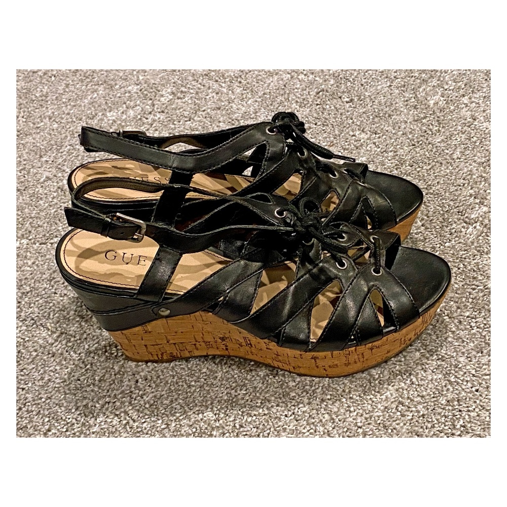 Guess Black Lace-Up Wedge Sandals, sz. 8